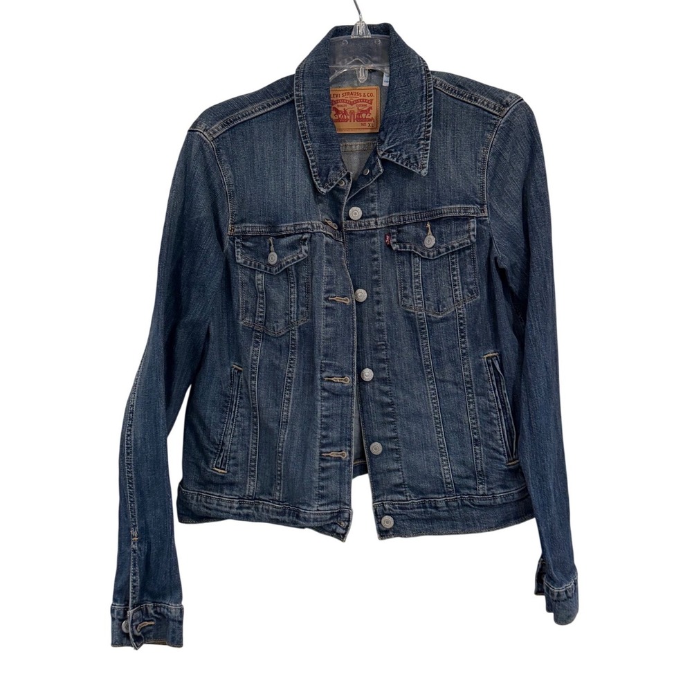Levis Womens XL Medium Wash Denim Trucker Jacket Blue Jean Pockets Button